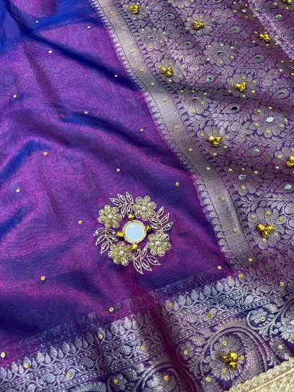 Baigani Tissue Ghungaroo Mirror Handwork With Lace Premium Banarasi Saree