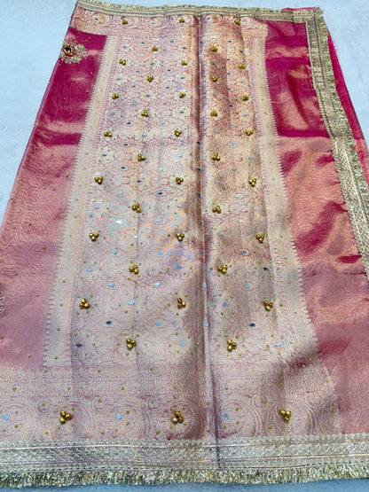 Pink Tissue Ghungaroo Mirror Handwork With Lace Premium Banarasi Saree
