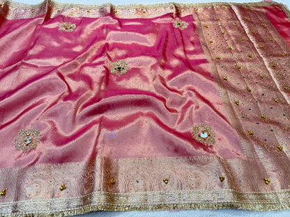 Pink Tissue Ghungaroo Mirror Handwork With Lace Premium Banarasi Saree