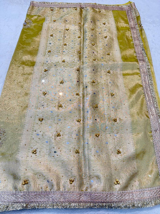 Yellow Tissue Ghungaroo Mirror Handwork With Lace Premium Banarasi Saree