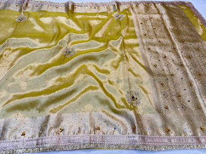 Yellow Tissue Ghungaroo Mirror Handwork With Lace Premium Banarasi Saree