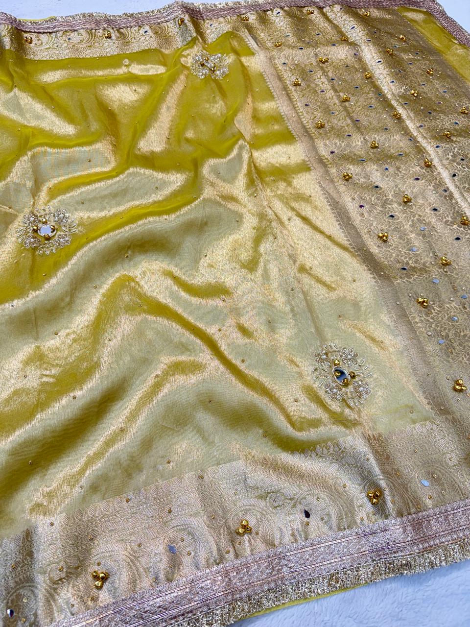 Yellow Tissue Ghungaroo Mirror Handwork With Lace Premium Banarasi Saree