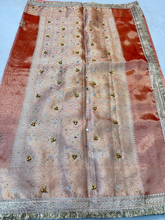 Peach Tissue Ghungaroo Mirror Handwork With Lace Premium Banarasi Saree
