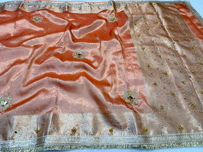 Peach Tissue Ghungaroo Mirror Handwork With Lace Premium Banarasi Saree