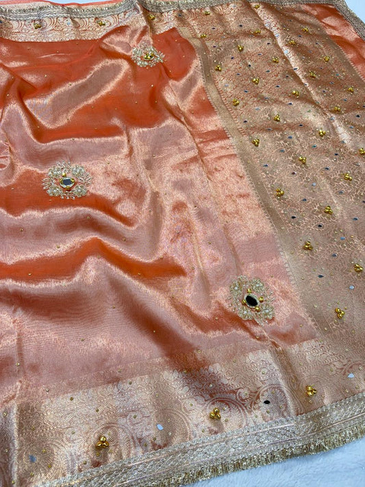 Peach Tissue Ghungaroo Mirror Handwork With Lace Premium Banarasi Saree