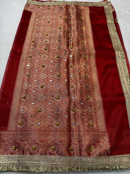 Red Tissue Ghungaroo Mirror Handwork With Lace Premium Banarasi Saree