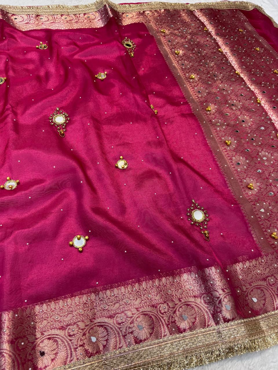 Maharani Tissue Ghungaroo Mirror Handwork With Lace Premium Banarasi Saree