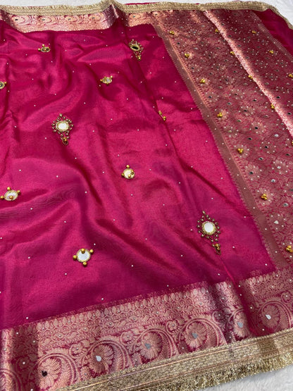 Maharani Tissue Ghungaroo Mirror Handwork With Lace Premium Banarasi Saree