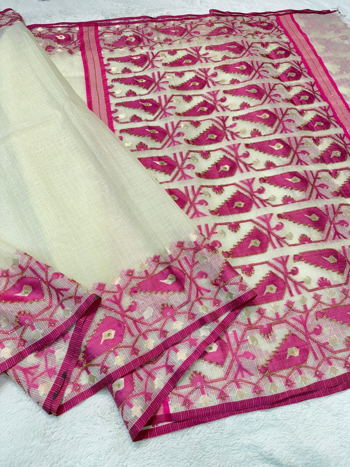 Rani Pink Cotton Kota Handwork Premium Banarasi Saree