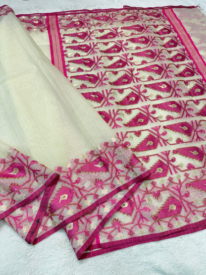 Rani Pink Cotton Kota Handwork Premium Banarasi Saree