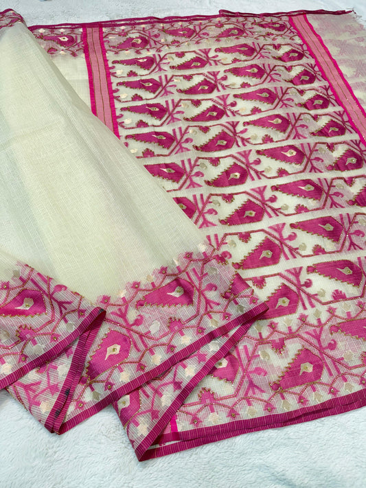 Rani Pink Cotton Kota Handwork Premium Banarasi Saree