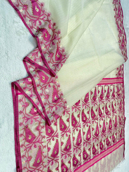 Rani Pink Cotton Kota Handwork Premium Banarasi Saree