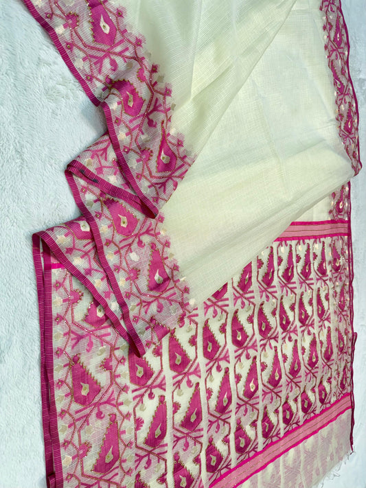 Rani Pink Cotton Kota Handwork Premium Banarasi Saree