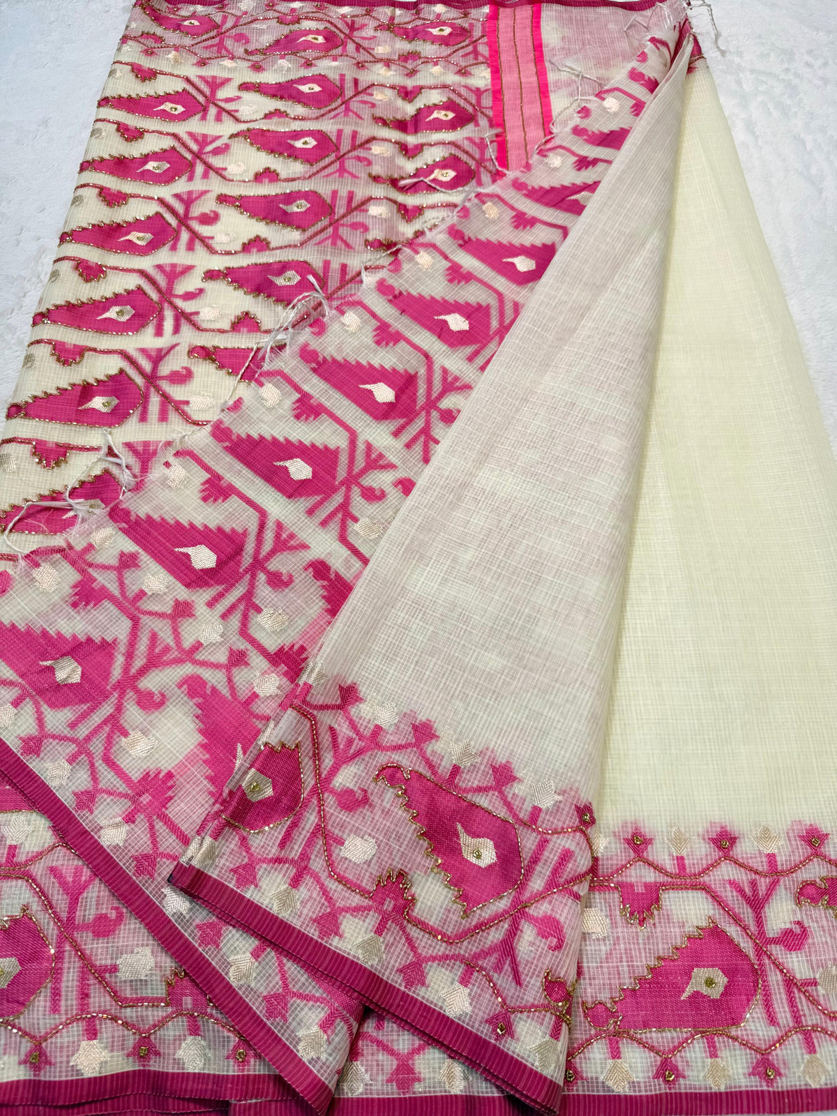 Rani Pink Cotton Kota Handwork Premium Banarasi Saree