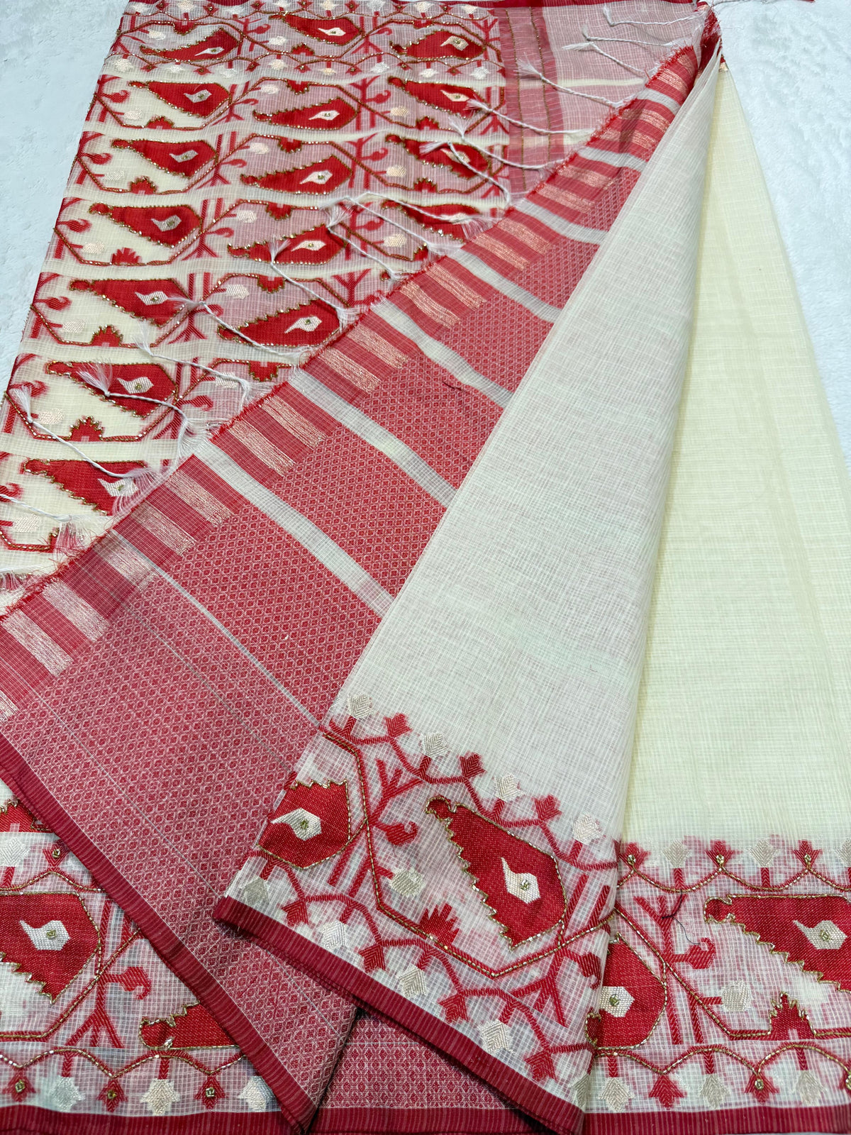 Red Cotton Kota Handwork Premium Banarasi Saree