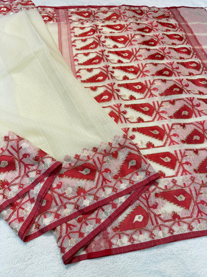 Red Cotton Kota Handwork Premium Banarasi Saree
