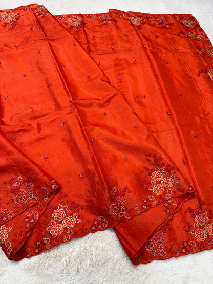 Orange Viscose Designer Embroidery Premium Banarasi Saree