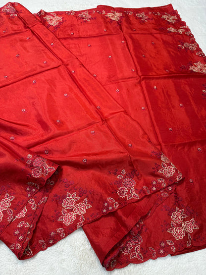 Red Viscose Designer Embroidery Premium Banarasi Saree