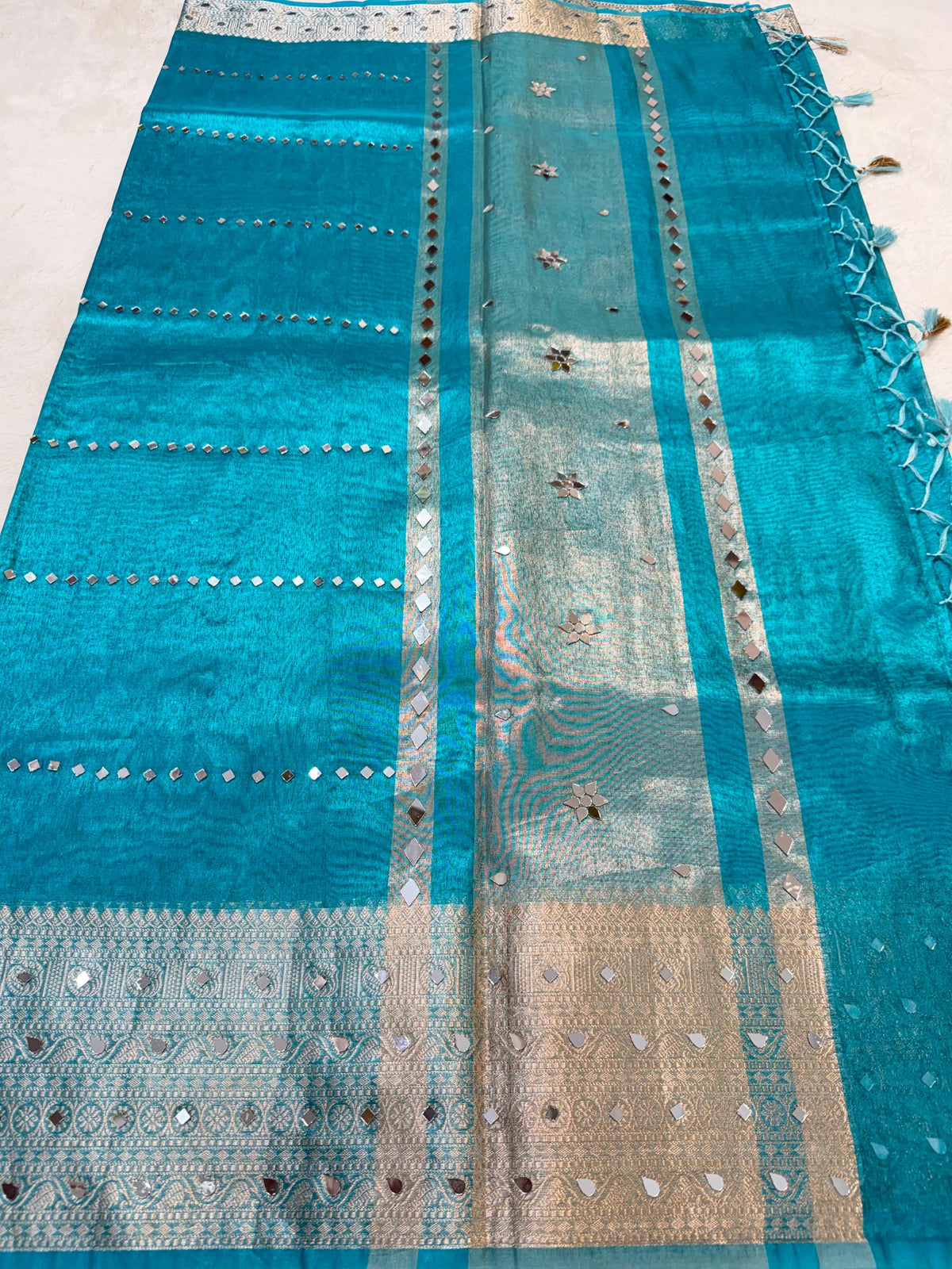 Firozi Tissue Mirror Work Premium Banarasi Saree