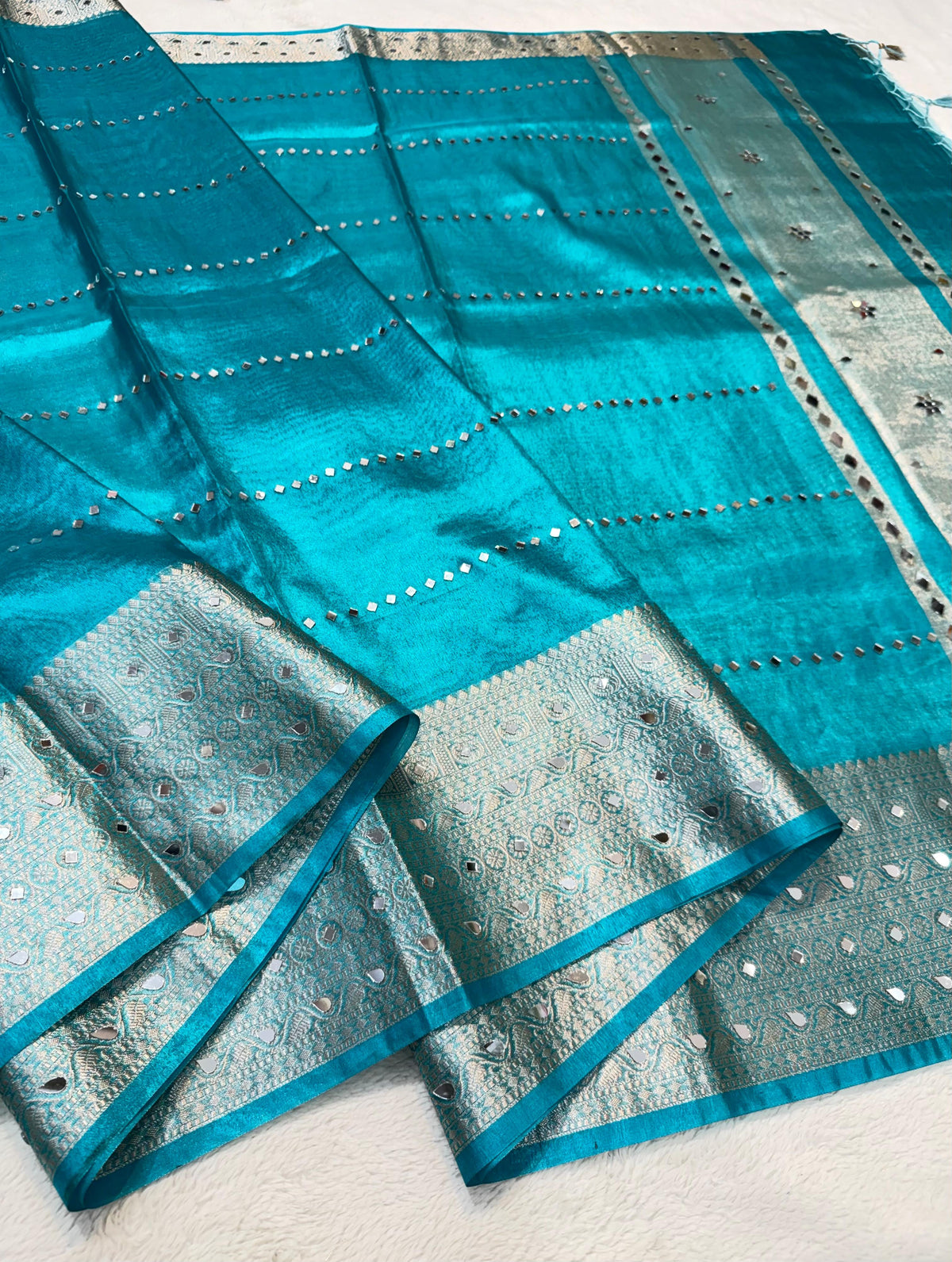 Firozi Tissue Mirror Work Premium Banarasi Saree