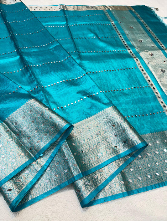 Firozi Tissue Mirror Work Premium Banarasi Saree