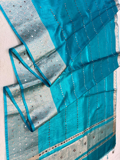 Firozi Tissue Mirror Work Premium Banarasi Saree