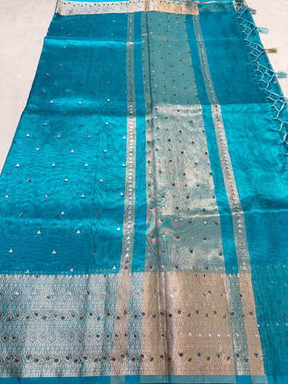 Firozi Tissue Mirror Work Premium Banarasi Saree