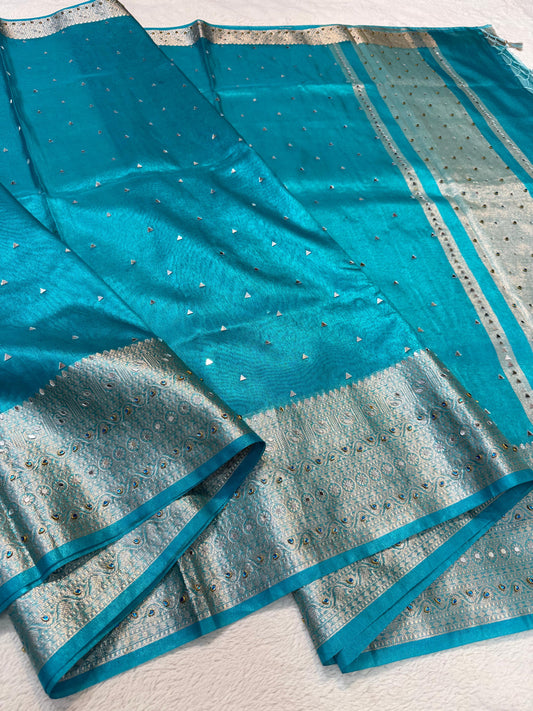 Firozi Tissue Mirror Work Premium Banarasi Saree