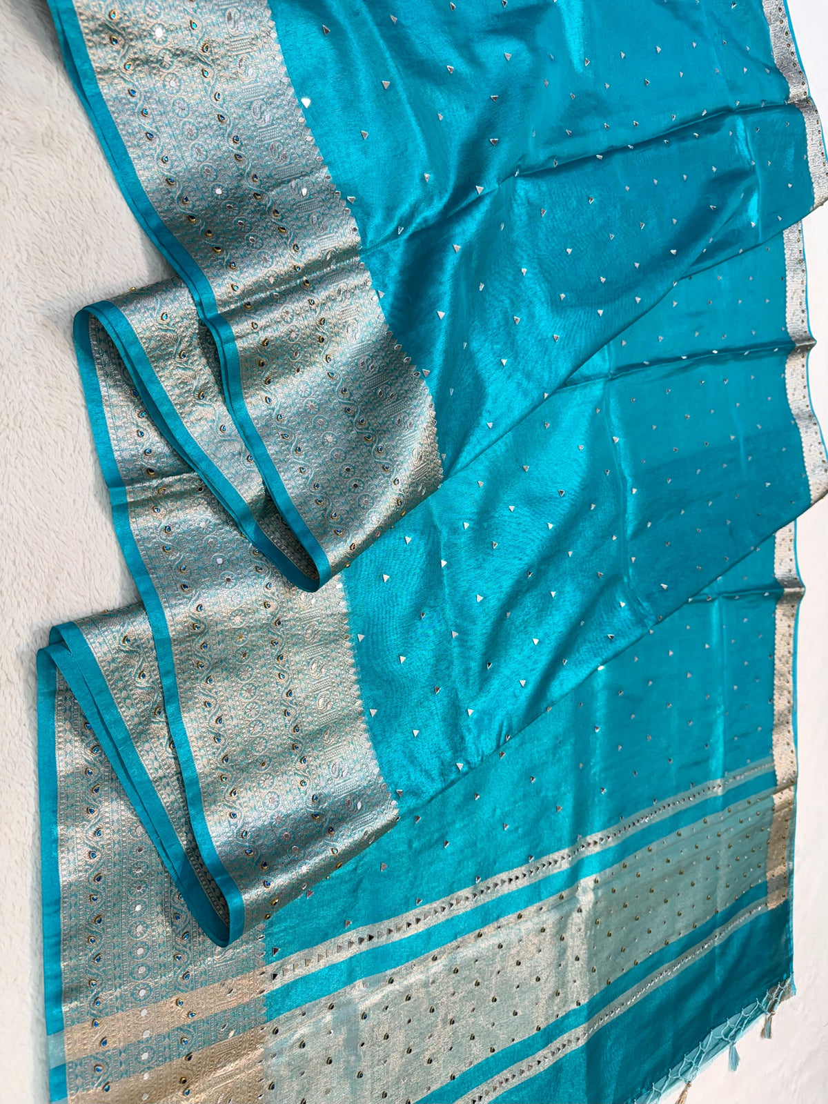Firozi Tissue Mirror Work Premium Banarasi Saree