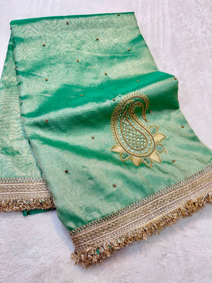 Sea Green Tissue Designer Handwork Premium Banarasi