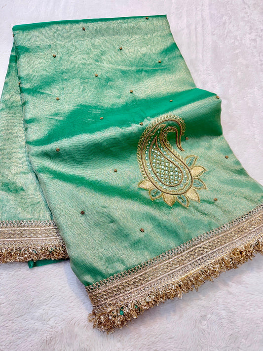 Sea Green Tissue Designer Handwork Premium Banarasi