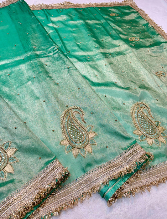 Sea Green Tissue Designer Handwork Premium Banarasi