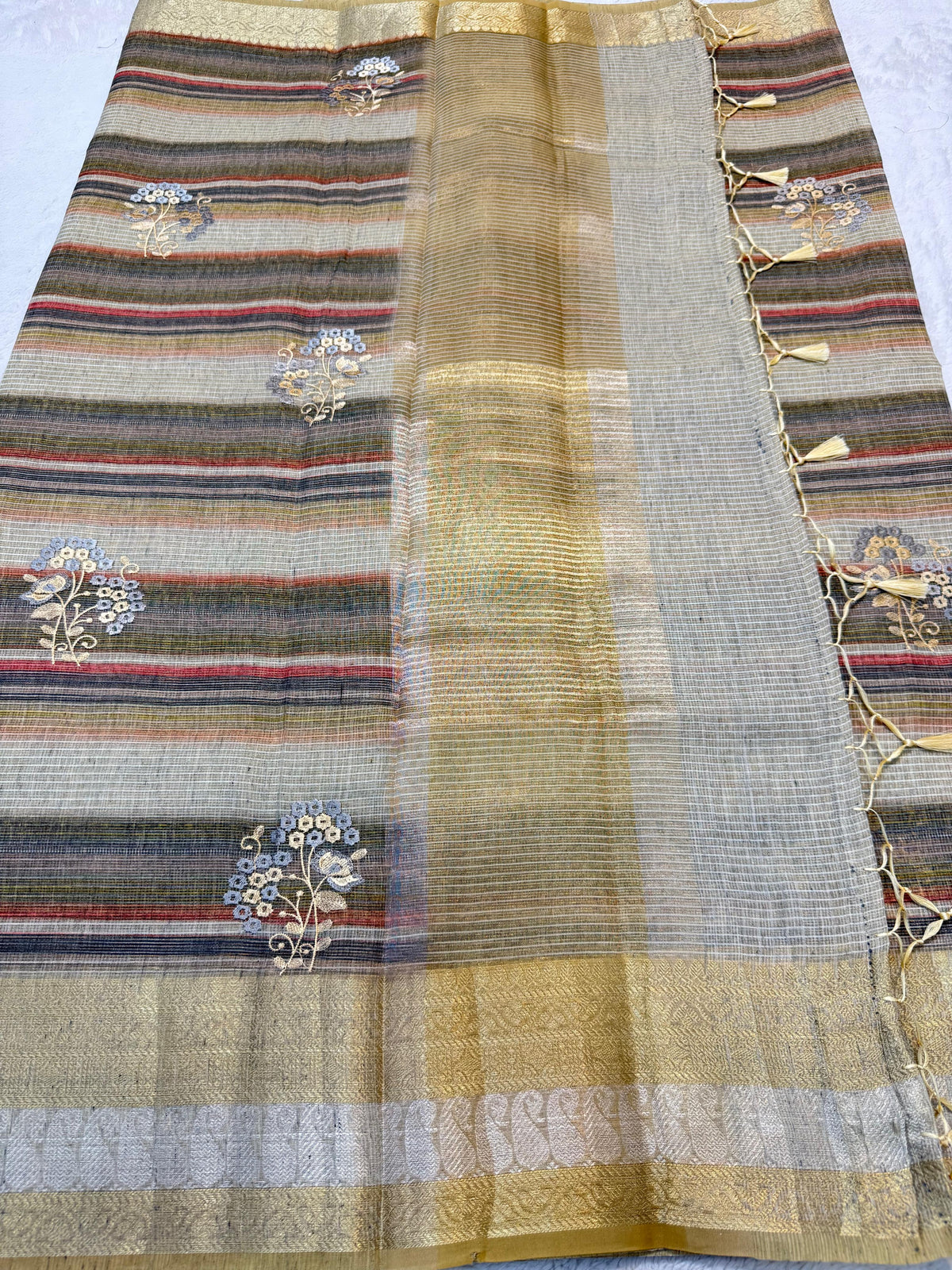 Linen Embroidery Stripe Banarasi Saree