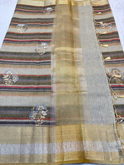 Linen Embroidery Stripe Banarasi Saree