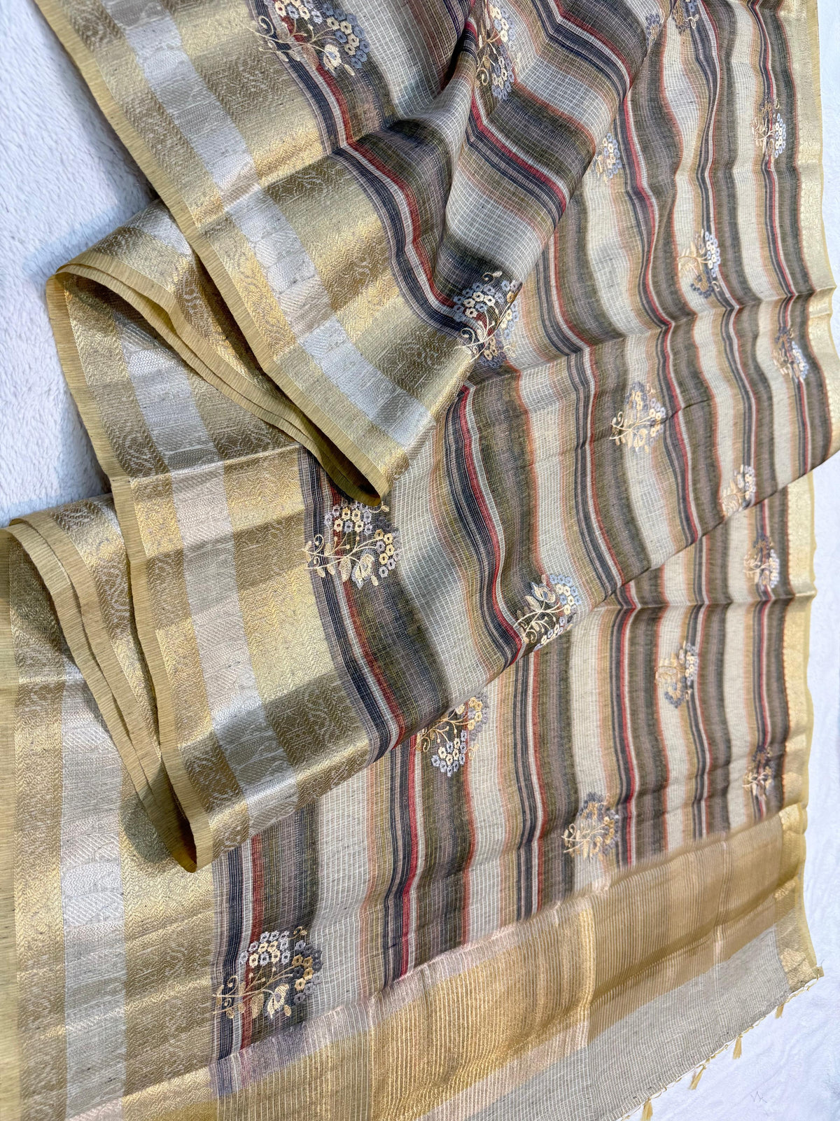 Linen Embroidery Stripe Banarasi Saree
