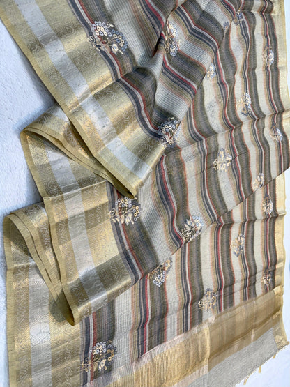 Linen Embroidery Stripe Banarasi Saree