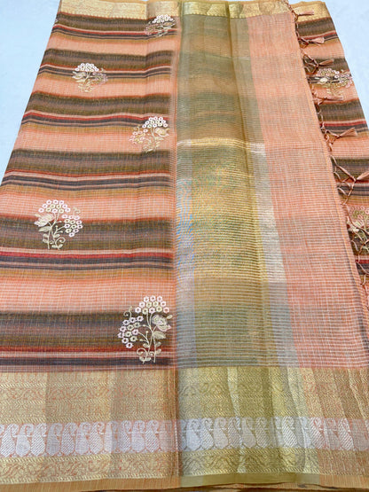 Linen Embroidery Stripe Banarasi Saree