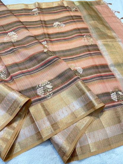 Linen Embroidery Stripe Banarasi Saree