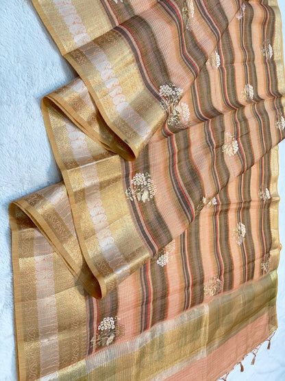 Linen Embroidery Stripe Banarasi Saree