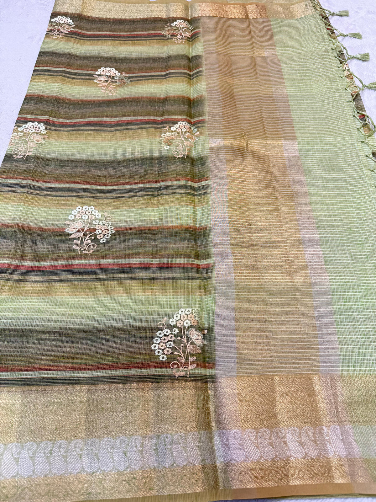 Linen Embroidery Stripe Banarasi Saree