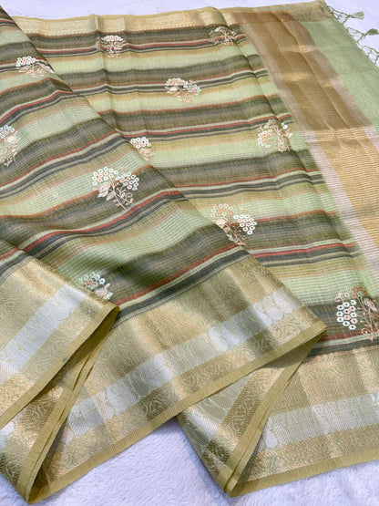 Linen Embroidery Stripe Banarasi Saree