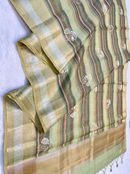 Linen Embroidery Stripe Banarasi Saree