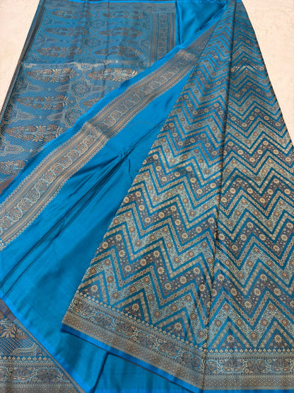 Firozi Blue Jamewar Katan Premium Banarasi Saree