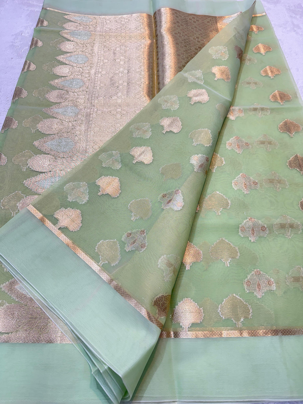 Pista Green Kora Organza Banarasi Saree