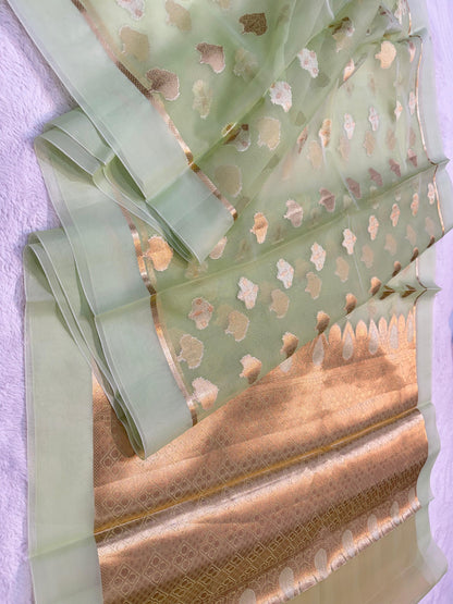 Pista Green Kora Organza Banarasi Saree