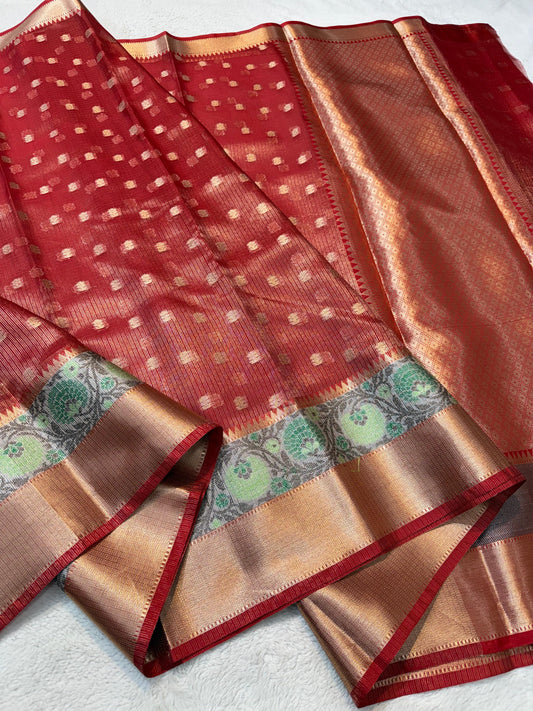 Red Cotton Kota Paithani Border Premium Banarasi Saree