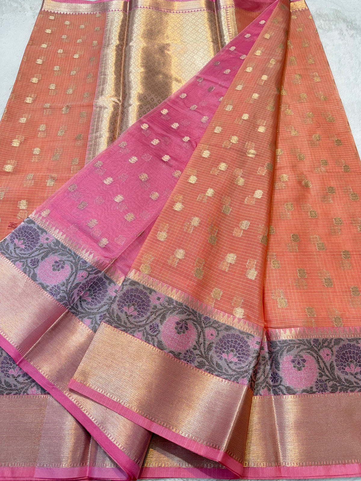 Peach Cotton Kota Paithani Border Premium Banarasi Saree