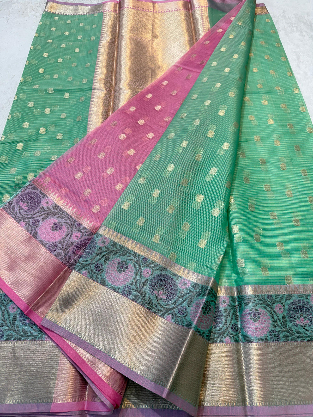 See Green Cotton Kota Paithani Border Premium Banarasi Saree