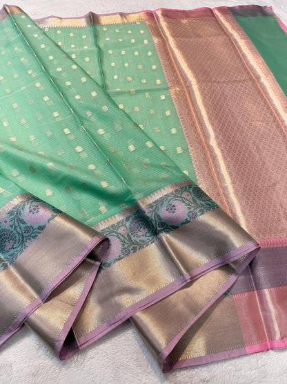 See Green Cotton Kota Paithani Border Premium Banarasi Saree