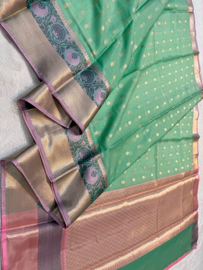 See Green Cotton Kota Paithani Border Premium Banarasi Saree
